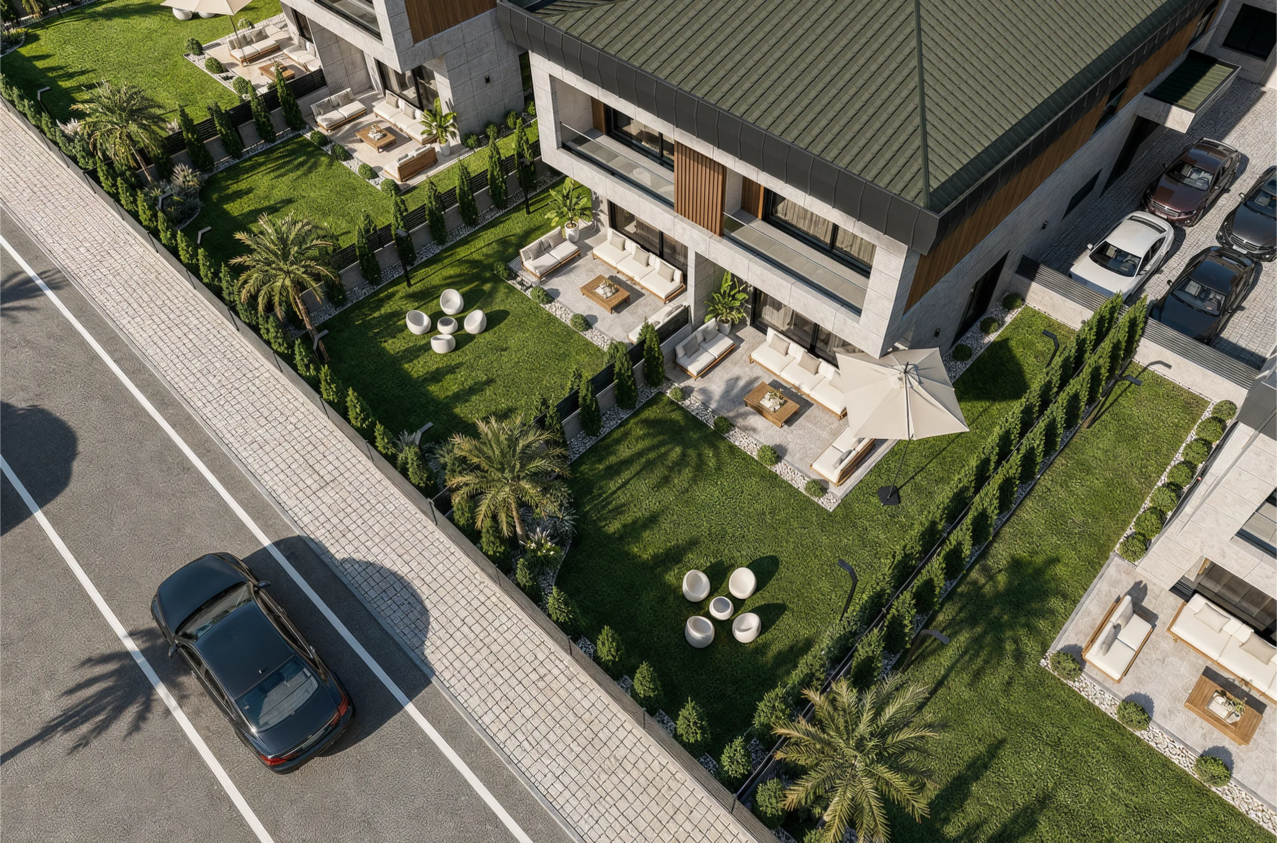 Zen Garden ikiz villalarının özel bahçeleri kuşbakışı; peyzaj düzeni ve oturma terasları — Tire, İzmir