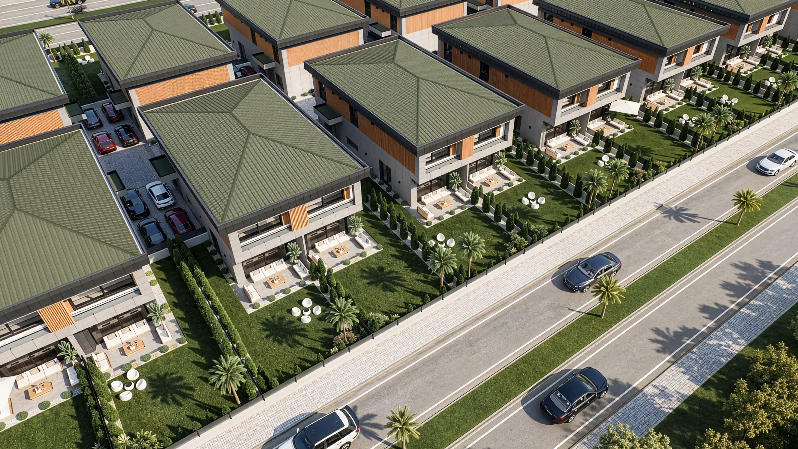 Zen Garden yerleşkesi kuşbakışı; sıra sıra ikiz villalar, özel bahçeler ve bulvar cephesi — Tire, İzmir