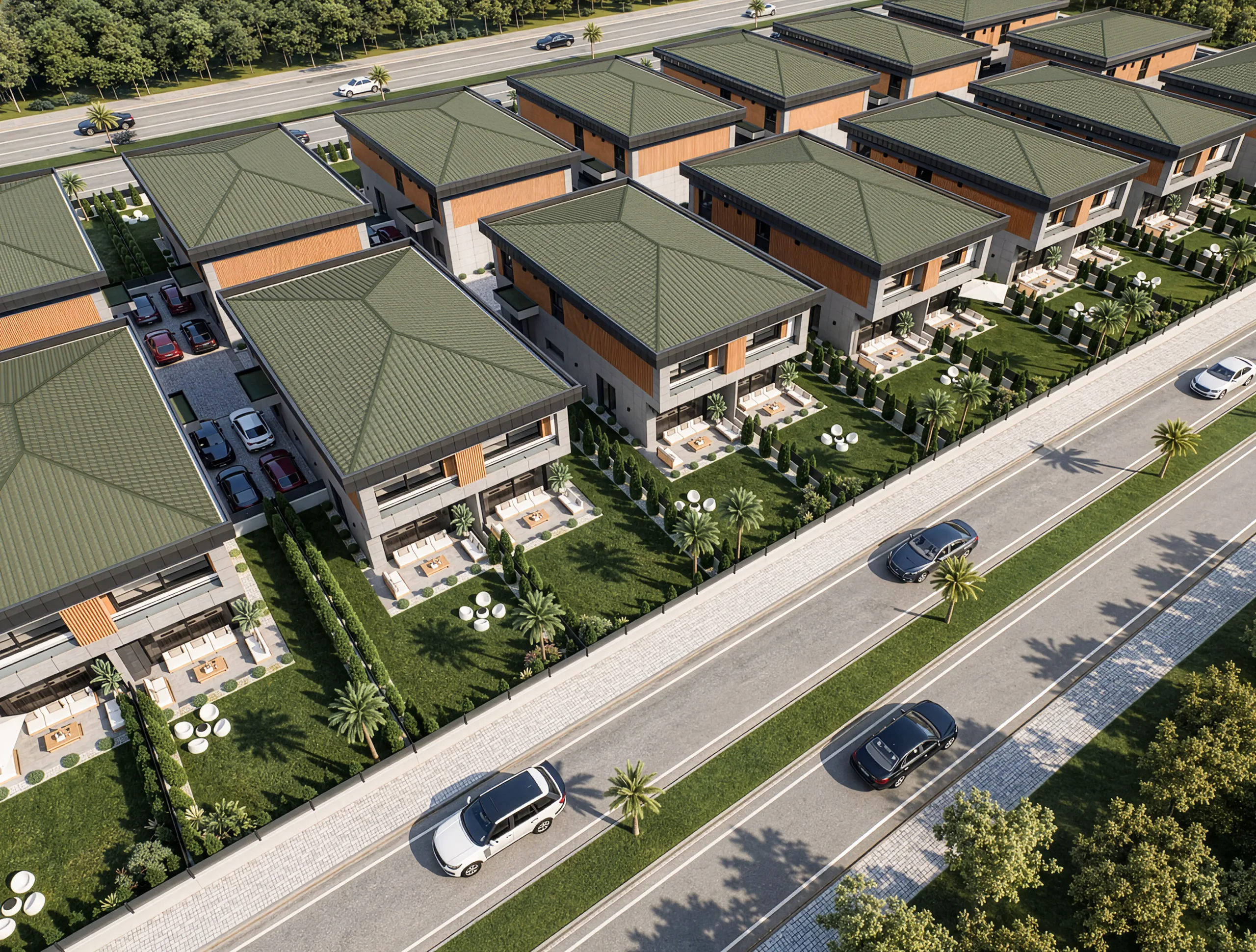 Zen Garden yerleşkesi kuşbakışı; sıra sıra ikiz villalar, özel bahçeler ve bulvar cephesi — Tire, İzmir