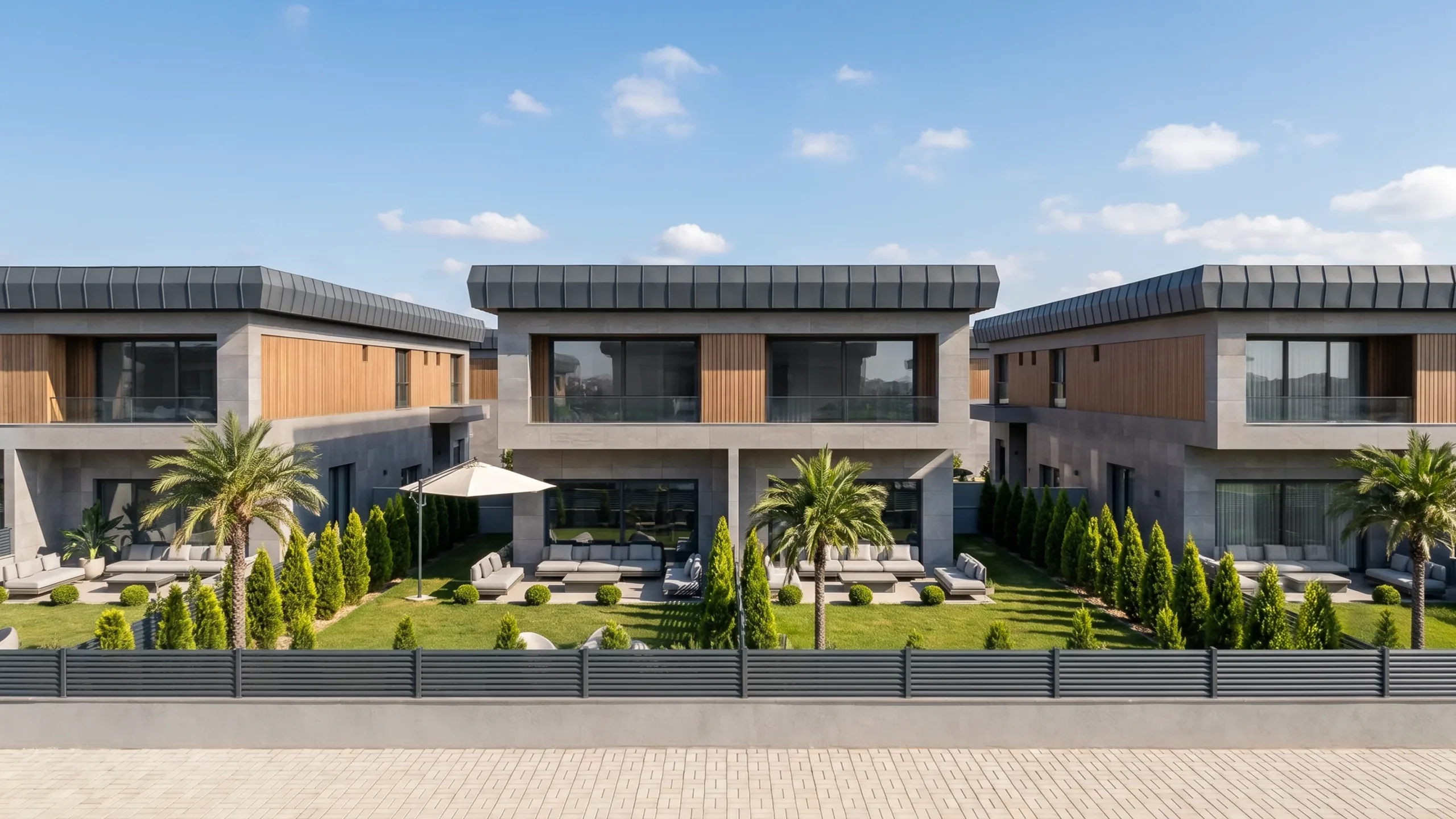 Zen Garden ikiz villalarının sokak cephesi; palmiyeli bahçeler ve geniş cam yüzeyler — Tire, İzmir