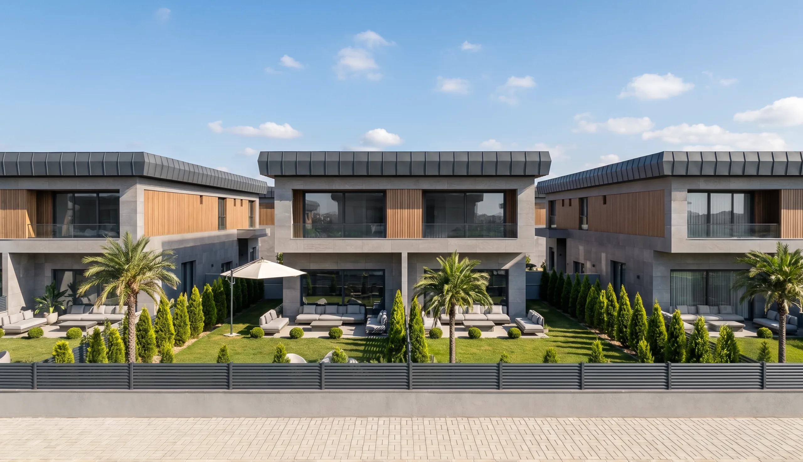 Zen Garden ikiz villalarının sokak cephesi; palmiyeli bahçeler ve geniş cam yüzeyler — Tire, İzmir